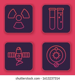Set line Radioactive, Satellite, Test tube and flask chemical laboratory and Solar system. Blue square button. Vector