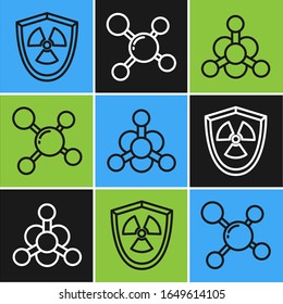 Set line Radioactive in shield, Bacteria and Molecule icon. Vector