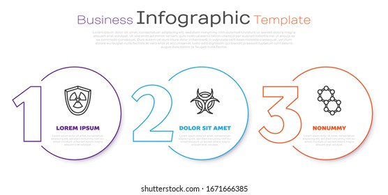 Set line Radioactive in shield, Biohazard symbol and Molecule. Business infographic template. Vector