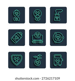 Set line Radioactive in shield, Electric car charging station, Nuclear power plant, cargo train, energy battery, bomb and  icon. Vector