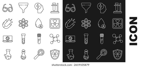 Set line Radioactive in shield, Molecule, Head and electric symbol, Atom, Magnet, Laboratory glasses and Water drop icon. Vector