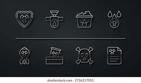Set line Radioactive in shield, Nuclear bomb, Acid rain and radioactive cloud, Bones skull warning, waste barrel, Industry pipe valve, Radiation document and Infectious icon. Vector