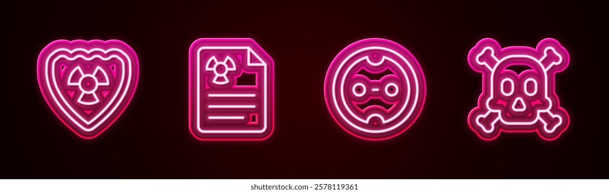 Set line Radioactive in shield, Radiation warning document, Electrical outlet and Bones and skull. Glowing neon icon. Vector