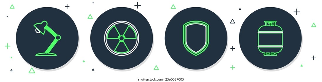 Set line Radioactive, Shield, Table lamp and Propane gas tank icon. Vector