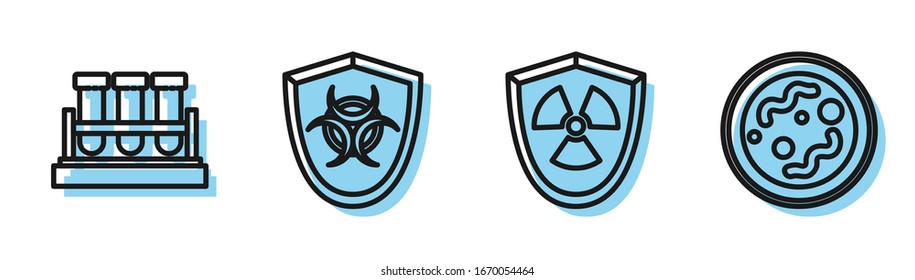 Set-Line Radioactive in Schild, Prüfrohr und Kolben Chemikalie, Biorisk symbol auf Schild und Bakteriensymbol. Vektorillustration