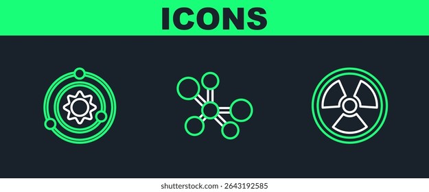 Set line Radioactive, Solar system and Molecule icon. Vector