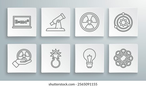 Set line Radioactive, Telescope, Test tube and flask, Light bulb with concept of idea, Atom, Solar system and Equation solution icon. Vector