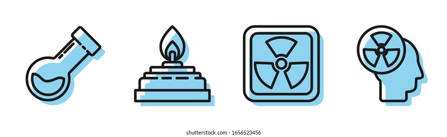Set line Radioactive, Test tube and flask chemical, Alcohol or spirit burner and Human head and a radiation icon. Vector