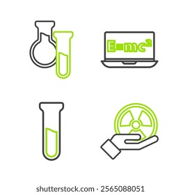 Set line Radioactive, Test tube and flask, Equation solution and  icon. Vector