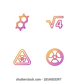 Set line Radioactive, Triangle with radiation, Chemical formula and Square root of 4 glyph. Gradient color icons. Vector