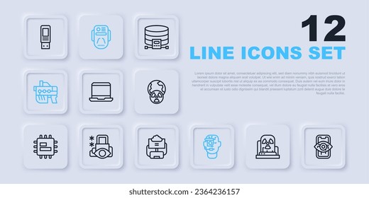 Set line Radioactive warning lamp, Computer vision, Laptop, Smart glasses spectacles, Futuristic weapon, Cyber security, Artificial intelligence robot and Cloud database icon. Vector