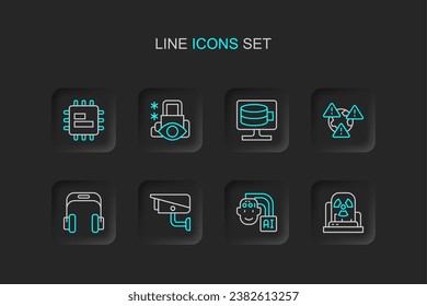 Set line Radioactive warning lamp, Humanoid robot, Security camera, Headphones, Earth with exclamation mark, Cloud database, Cyber security and Processor CPU icon. Vector