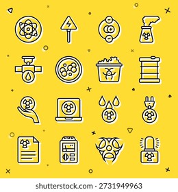 Set line Radioactive warning lamp, Radiation electrical plug, waste barrel, Atom, Molecule, Industry pipe and valve,  and Infectious icon. Vector
