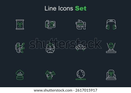 Set line Radioactive warning lamp, Global technology, Earth with exclamation mark, Network cloud connection, Hologram, Fantastic flying car, Cloud database and Humanoid robot icon. Vector