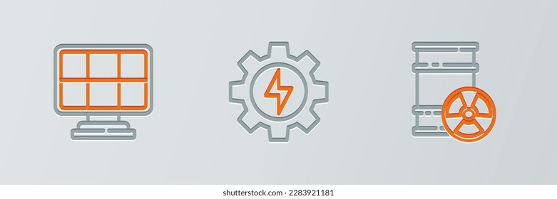 Set line Radioactive waste in barrel, Solar energy panel and Gear and lightning icon. Vector