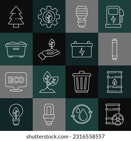 Set line Radioactive waste in barrel, Bio fuel, Fluorescent lamp, LED light bulb, Plant hand, Trash can, Christmas tree and Car battery icon. Vector