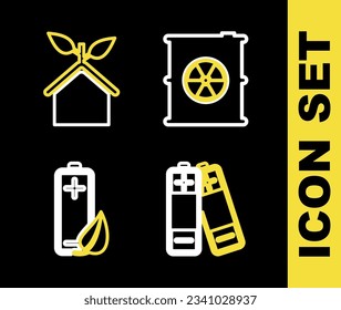 Set line Radioactive waste in barrel, Battery, Eco nature leaf and battery and friendly house icon. Vector