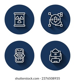 Set line Radioactive waste in barrel, Blockchain technology Bitcoin, Computer vision and Cloud database with long shadow. Blue circle button. Vector