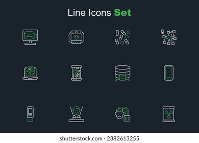 Set line Radioactive waste in barrel, Humanoid robot, Hologram, USB flash drive, Mobile phone, Cloud database, Cryogenic capsules and Computer vision icon. Vector