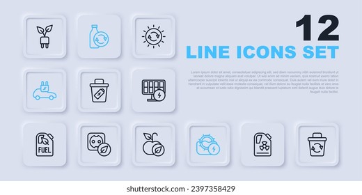 Set line Radioactive waste in barrel, Recycle bin, Trash can, Water mill, Electric car, Electrical outlet, Recycling plastic bottle and Apple icon. Vector