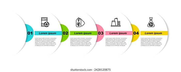 Set line Radioactive waste in barrel, Tag with leaf, Factory and Garbage bag recycle. Business infographic template. Vector