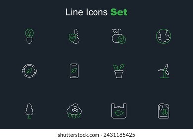 Set line Radioactive waste in barrel, Shopping bag with recycle, Acid rain radioactive cloud, Tree, Wind turbine, Plant pot, Mobile phone leaf and Electric saving plug icon. Vector