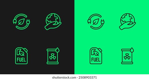 Set line Radioactive waste in barrel, Bio fuel canister, Electric saving plug leaf and Hand holding Earth globe icon. Vector