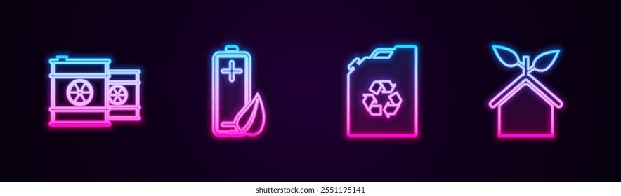 Set line Radioactive waste in barrel, Eco nature leaf and battery, fuel canister and friendly house. Glowing neon icon. Vector