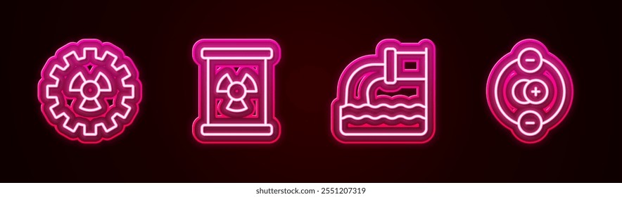 Set line Radioactive, waste in barrel, Wastewater and Atom. Glowing neon icon. Vector