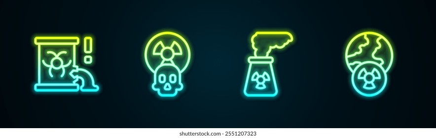 Set line Radioactive waste in barrel, , Nuclear power plant and Planet earth and radiation. Glowing neon icon. Vector