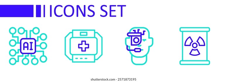 Set line Radioactive waste in barrel, Smart glasses on spectacles, First aid kit and Neural network icon. Vector