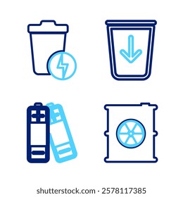 Set line Radioactive waste in barrel, Battery, Send to the trash and Lightning with can icon. Vector