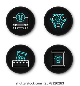 Set line Radioactive waste in barrel, Biohazard symbol and cargo train icon. Vector