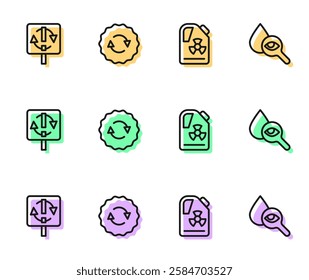 Set line Radioactive waste in barrel, Recycle symbol,  and Drop and magnifying glass icon. Vector