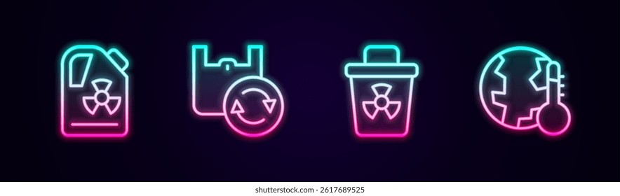 Set line Radioactive waste in barrel, Shopping bag with recycle, Infectious and Earth melting to global warming. Glowing neon icon. Vector