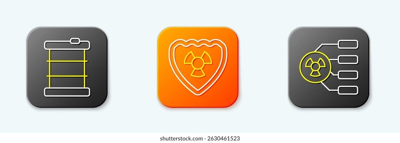Set line Radioactive waste in barrel, shield and  icon. Vector