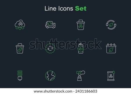 Set line Radioactive waste in barrel, CO2 emissions cloud, Earth globe, LED light bulb, Calendar with autumn leaves, Eco nature leaf battery, Recycle symbol and Trash can icon. Vector