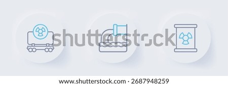 Set line Radioactive waste in barrel, Wastewater and cargo train icon. Vector