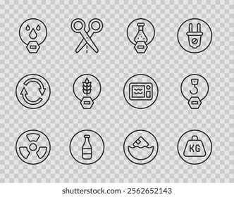 Set line Radioactive, Weight, Test tube and flask, Bottle, Water drop forbidden, Gluten free grain, Carton cardboard box and Industrial hook icon. Vector