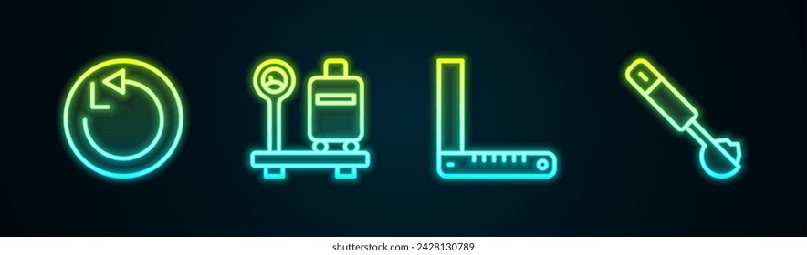 Set line Radius, Scale with suitcase, Corner ruler and Measuring spoon. Glowing neon icon. Vector