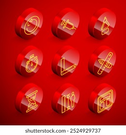 Set line Radius, Syringe, Drawing compass, Stopwatch, Corner ruler, Crossed and pencil, Old hourglass with sand and Measuring height body icon. Vector