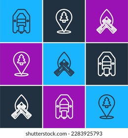 Set line Rafting boat, Campfire and Location of the forest icon. Vector