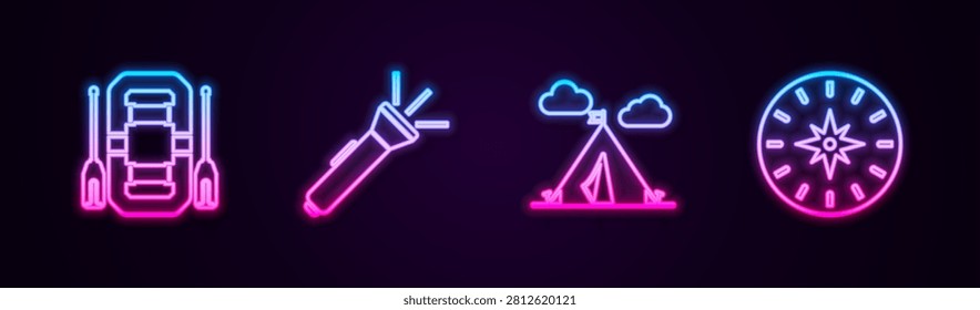 Set line Rafting boat, Flashlight, Tourist tent with flag and Compass. Glowing neon icon. Vector