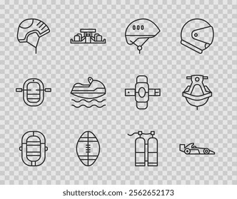 Set line Rafting boat, Formula 1 racing car, Bicycle helmet, Rugby ball, Helmet, Jet ski, Aqualung and  icon. Vector