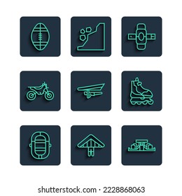 Set line Rafting boat, Hang glider, Formula 1 racing car, Knee pads, Mountain bike, Rugby ball and Roller skate icon. Vector