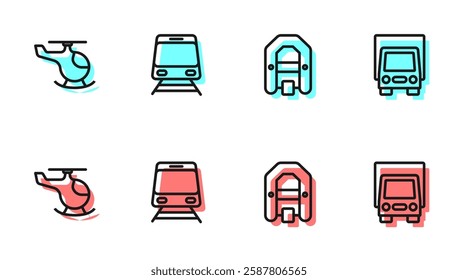 Set line Rafting boat, Helicopter, Train and railway and Delivery cargo truck icon. Vector