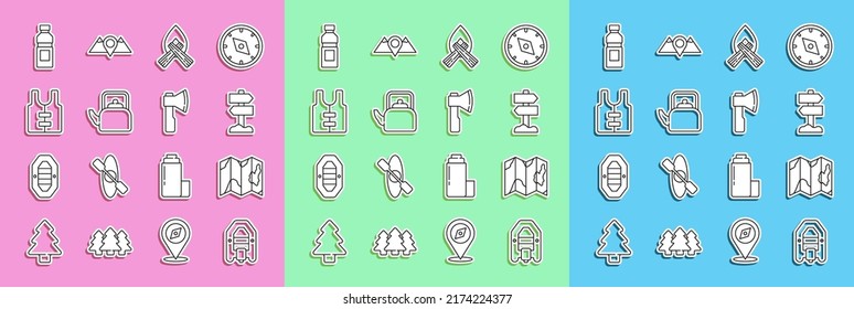 Set line Rafting boat, Location of the forest on map, Road traffic signpost, Campfire, Kettle with handle, Life jacket, Bottle water and Wooden axe icon. Vector