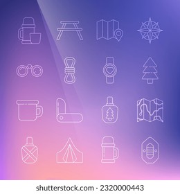 Set line Rafting boat, Location of the forest on map, Tree, Climber rope, Binoculars, Thermos container and cup and Smart watch showing heart beat rate icon. Vector
