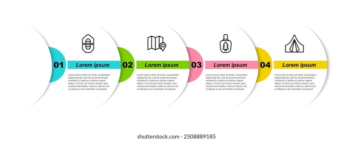 Definir linha Rafting barco, Localização da floresta no mapa, Canteen garrafa de água e tenda turística. Modelo de infográfico comercial. Vetor