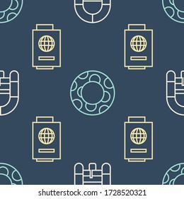 Set line Rafting boat, Passport with ticket and Rubber swimming ring on seamless pattern. Vector